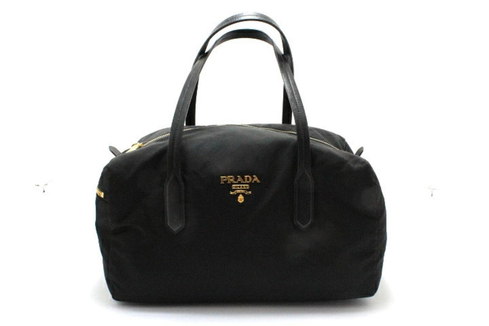 Prada black Tessuto Boston bag logo lettering dual leather